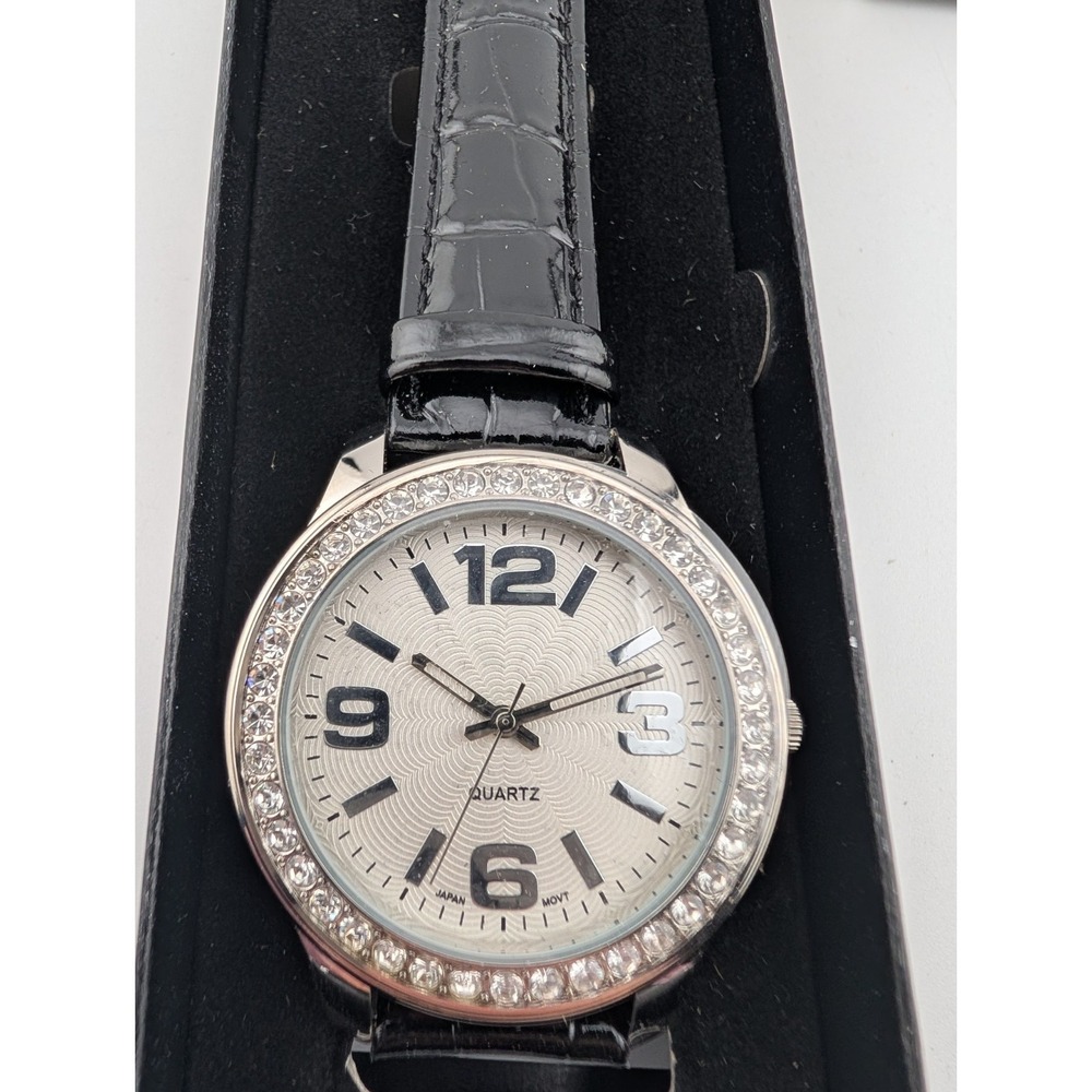 Avon 2010 Watch Pave Bezel April Birthstone Black Band w/ Box- New Battery